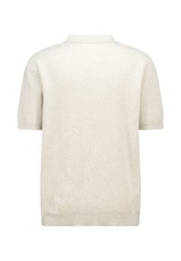 Vaaleanbeige lyhythihainen neulepaita, jossa on ribbikuvio ja klassinen polo-kaulus. Yksinkertainen muotoilu ilman näkyviä kuvioita tai yksityiskohtia.