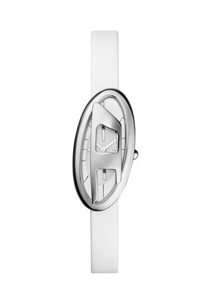 Armbanduhr mit weißem Lederarmband, ovalem silberfarbenem Gehäuse und asymmetrischem Ausschnitt-Design um ein kleines Zifferblatt.