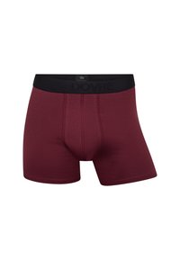 Mørkerøde herre boxershorts med en sort elastisk livrem, der har logoet "DOVRE." Glat stof med syningsdetaljer.