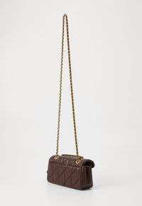 Brown quilted leather handbag with a gold chain strap, rectangular shape, and rounded edges. Features diamond patterns on the front.