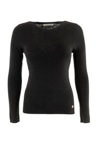 Pull noir à manches longues en tissu tricot côtelé. Il présente un col rond et un petit logo doré en accent à l'ourlet.