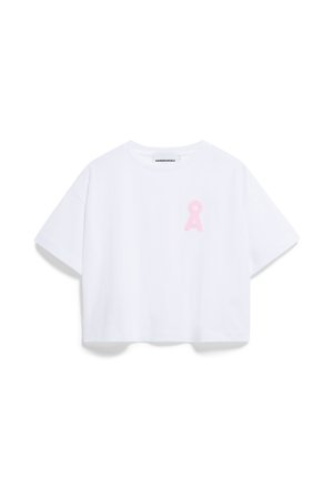 White cropped t-shirt made of soft cotton, featuring a pink ribbon logo on the left chest. Relaxed fit with short sleeves and a round neckline.