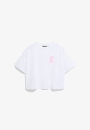 Witte cropped t-shirt van zachte katoen, met een roze lintlogo op de linkerborst. Ontspannen pasvorm met korte mouwen en een ronde halslijn.