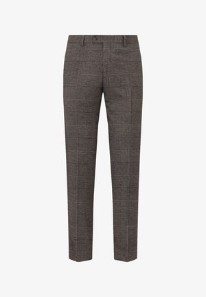 Gray plaid trousers with a tailored fit, featuring a button closure and refined textured fabric, displaying various checks and lines.