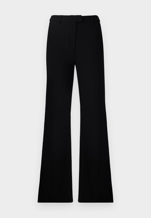 Schwarze ausgestellte Hose mit einer glatten Textur, tailliertem Bund und Fronttaschen, entworfen mit einer eleganten, modernen Silhouette.