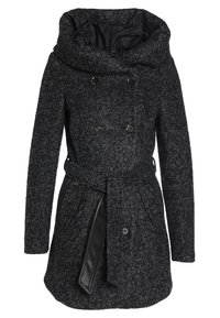 Abrigo de mezcla de lana en gris oscuro con un gran cuello doblado, detalles de cuero, cierre de doble botonadura y cinturón atado a la cintura.