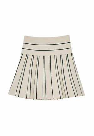 Bež plisirana suknja s crnim okomitim prugama i širokim pojasom s dvije vodoravne crne pruge.