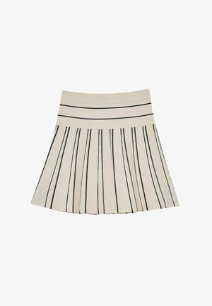 Beež plisseeritud seelik mustade vertikaaltriipudega ja lai vöökoht, millel on kaks horisontaalset musta triipu.