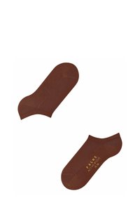 Braune Knöchelsocken aus einem weichen, dehnbaren Material mit glatter Textur. Mit einem gerippten Bündchen und dem in Gold gedruckten Markennamen an der Seite.