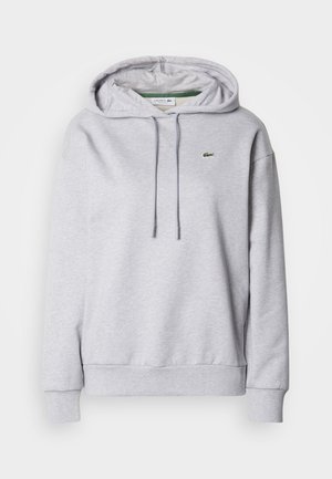 Gray hoodie with a drawstring, made of soft cotton material. Features a small green logo on the chest and ribbed cuffs and hem.