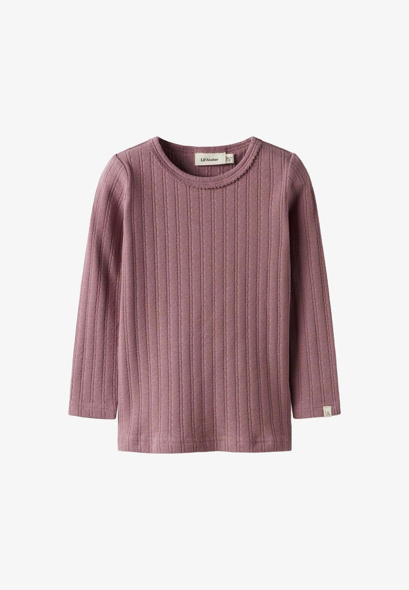 Long-sleeve top in soft mauve ribbed fabric, featuring a round neckline and scalloped trim. Label stitched on the bottom left.