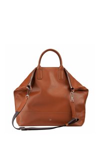 Bruine lederen tas met dubbele handvatten aan de bovenkant en een afneembare schouderriem. Voorzien van zilverkleurige hardware en een ritsluiting, met een gladde textuur.