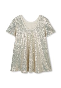 T-shirt à manches courtes en tissu crème recouvert de sequins dorés et argentés, avec un col ras du cou large et une coupe ample.