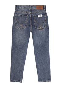 Jeans in denim di colore blu scuro, caratterizzati da una vestibilità a gamba dritta, cinque tasche e un'etichetta in pelle sulla cintura con dettagli del marchio.