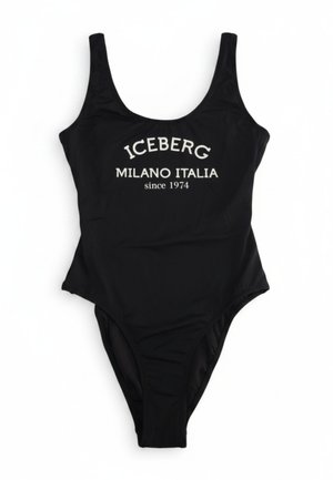 Costume intero nero con scritta bianca sul petto che riporta "ICEBERG MILANO ITALIA since 1974", disposto su sfondo bianco.