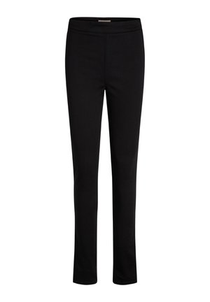 Pantaloni neri elasticizzati con un design aderente, cintura elastica e taglio dritto. Tessuto liscio e leggero senza cuciture visibili.