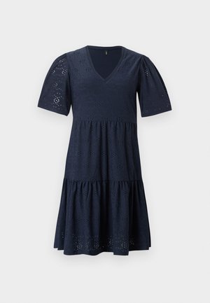 Navy blue knee-length dress with V-neck, short puffed sleeves, and eyelet lace pattern throughout the fabric.