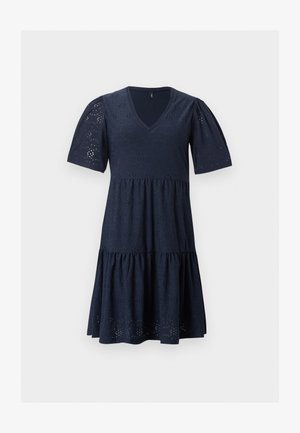Navy blue knee-length dress with V-neck, short puffed sleeves, and eyelet lace pattern throughout the fabric.