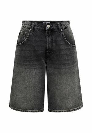 Shorts en jean délavé noir avec poches avant, passants pour ceinture et fermeture à bouton, fabriqués par la marque ONLY.