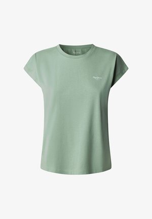 T-shirt en coton vert clair à manches courtes, col rond et petit logo sur la poitrine. Texture douce et coupe décontractée.