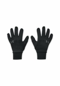 Guantes térmicos negros con una textura suave, que presentan un diseño ajustado y un acento de logo gris en la zona de la muñeca.