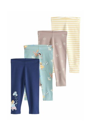 Four pairs of leggings: dark blue with floral design, light blue with animal print, beige with floral pattern, and yellow-striped. Cotton blend.