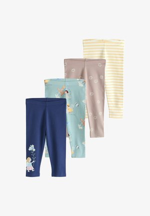 Four pairs of leggings: dark blue with floral design, light blue with animal print, beige with floral pattern, and yellow-striped. Cotton blend.