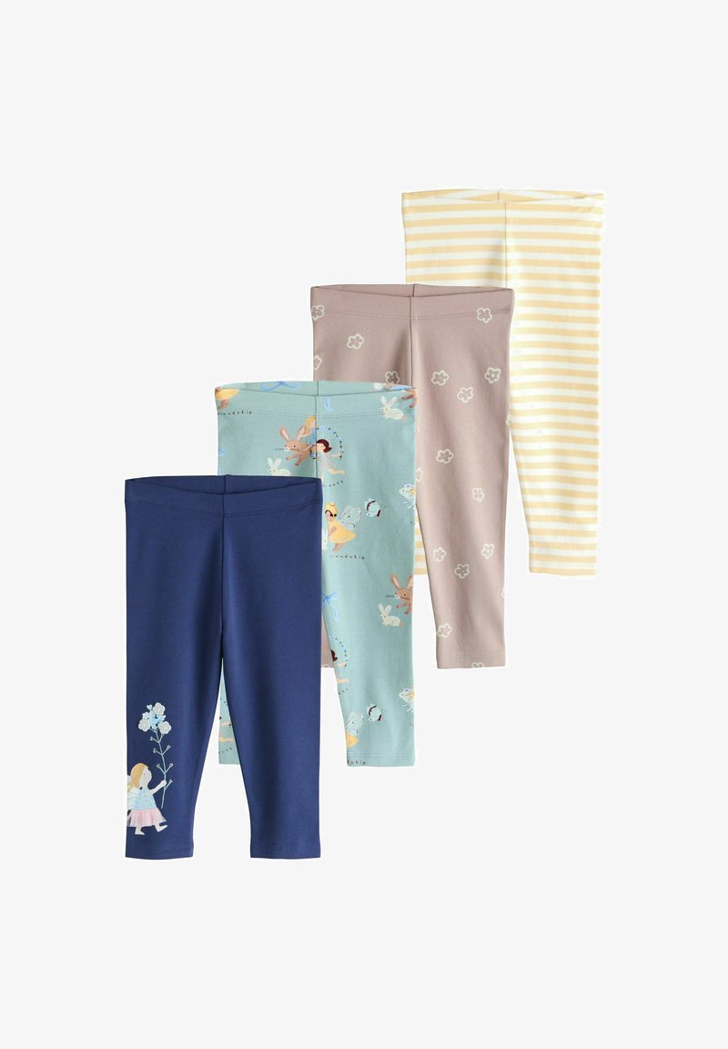 Cuatro pares de leggings: azul oscuro con diseño floral, azul claro con estampado de animales, beige con patrón floral y amarillo con rayas. Mezcla de algodón.