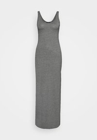 Grey, sleeveless maxi dress with a scoop neckline. The fabric is smooth and slightly stretchy, featuring a fitted silhouette and floor-length design.