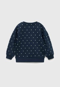 Maglione a maniche lunghe di colore blu navy con piccoli motivi floreali bianchi, con polsini e orlo a coste, presentato piatto su uno sfondo chiaro.