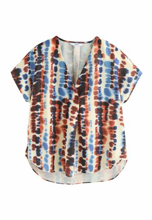 Bluzica kratkih rukava od lagane tkanine s krem bež podlogom i plavim, crvenim i crnim uzorkom u tie-dye tehnici, V-izrez, opušteni kroj.