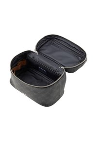 Beauty case nera con motivo, dotata di chiusura con zip, interni lisci, tasca laterale e una cinturino elastico per fissare gli oggetti.