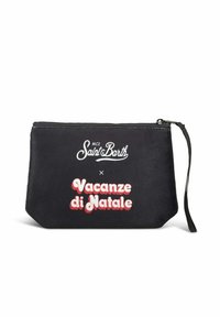 Zwarte met rits gesloten tas met polsband, voorzien van witte "MC2 Saint Barth" en rode "Vacanze di Natale" tekst op de voorkant.