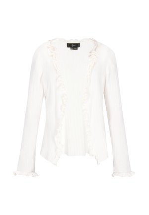 Biała kardigan z prążkowanym splotem, z falbaniastymi krawędziami wzdłuż dekoltu i dołu. Długie rękawy, miękka tekstura, otwarty fason i subtelne detale.