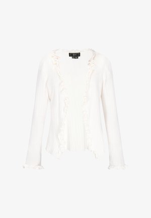 Biała kardigan z prążkowanym splotem, z falbaniastymi krawędziami wzdłuż dekoltu i dołu. Długie rękawy, miękka tekstura, otwarty fason i subtelne detale.
