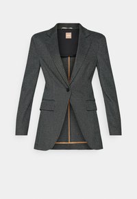 Blazer à chevrons gris foncé à un bouton avec revers crantés et poches à rabat, coupe ajustée et doublure intérieure contrastante.