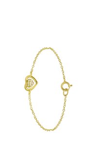 Gouden armband met een hartvormige hanger met kleine heldere stenen, verbonden door een ketting en gesloten met een ronde sluiting.