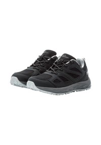 Black athletic shoes with mesh panels and synthetic overlays. Features include gray rubber sole, textured laces, and a padded ankle collar.