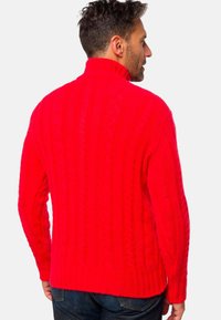 Roter Kabelstrickpullover mit hohem Kragen, langen Ärmeln und geripptem Bund. Verfügt über ein strukturiertes Muster im gesamten Stoff.