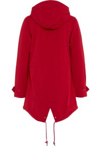 Roten Kapuzenregenmantel mit einem Kordelzugsaum, Druckknopfmanschetten und einer glatten Textur, mit einem High-Low-Rücken-Design.