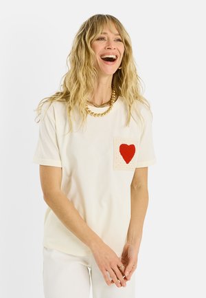 COL ROND POCHE CROCHET - Camiseta estampada - ecru