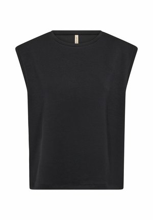 Fekete ujjatlan felső, puha anyagból, laza fazonban, kerek dekoltázzsal és minimalistákkal, díszítések nélkül.