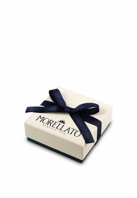 Scatola regalo bianca con nastro blu e logo; presenta una superficie liscia, forma quadrata e un coperchio leggermente inclinato che rivela il comparto interno.