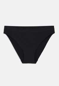 Μαύρο μαγιό κάτω μέρος από λείο ύφασμα, με μέση μέτριας ανύψωσης και πλήρη κάλυψη πίσω. Απλός σχεδιασμός, χωρίς ορατά σχέδια ή διακοσμήσεις.