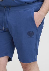 Blå bomuldsshorts med elastisk linning og justerbare snore, sidelommer og et trykt globuslogo med tekst.