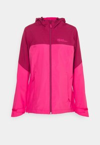 Tweekleurige roze jack met capuchon, volledige ritssluiting aan de voorkant, verstelbare manchetten, zijzakken en Jack Wolfskin-logo op de borst.