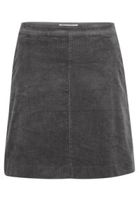 Grauer Cord-Minirock mit vertikalen Rippen, A-Linien-Form und einem Bund. Mit einem subtilen Etikett auf der Rückseite abgeschlossen.
