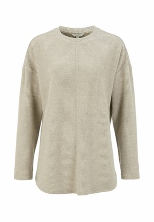 Beige ribbed sweater with long sleeves, round neckline, and a relaxed fit. Fabric has a soft texture and minimal stitching details.