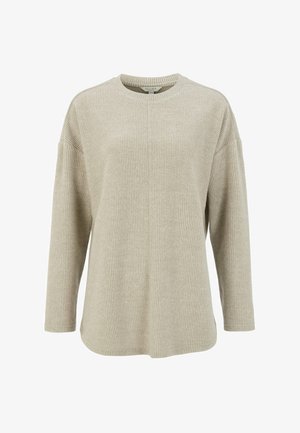 Beige geribbelde trui met lange mouwen, ronde halslijn en een relaxed fit. De stof heeft een zachte textuur en minimale stikdetails.
