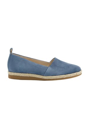 Blue suede slip-on flat shoe with rounded toe, braided jute midsole, tan rubber outsole, and small heel pull tab.